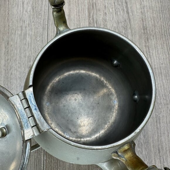 Vintage Decorative Metal Teapot with Ornate Brass Handle Hinged Lid Silver Tone - Picture 6 of 11